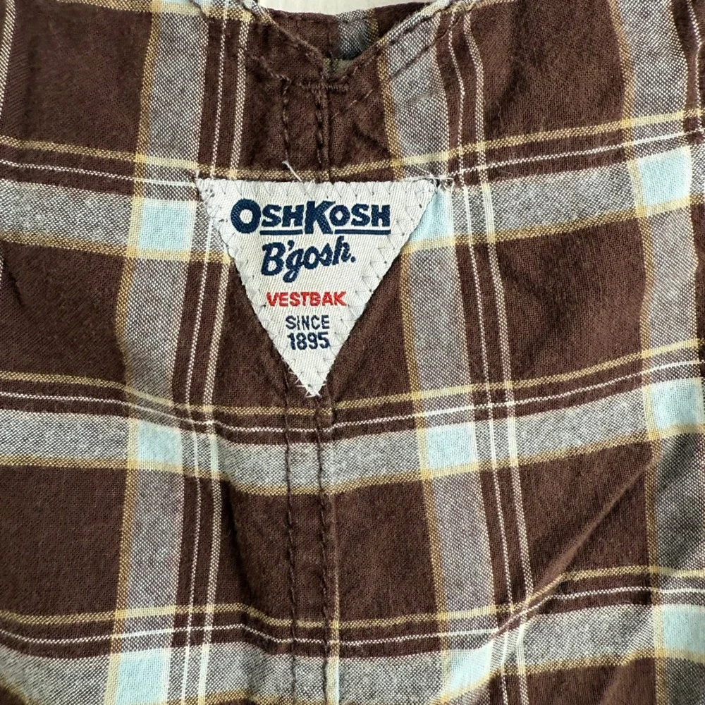 OshKosh B'gosh Plaid Overalls 18M Brown Blue Cotton Romper Vestbak Vintage Style